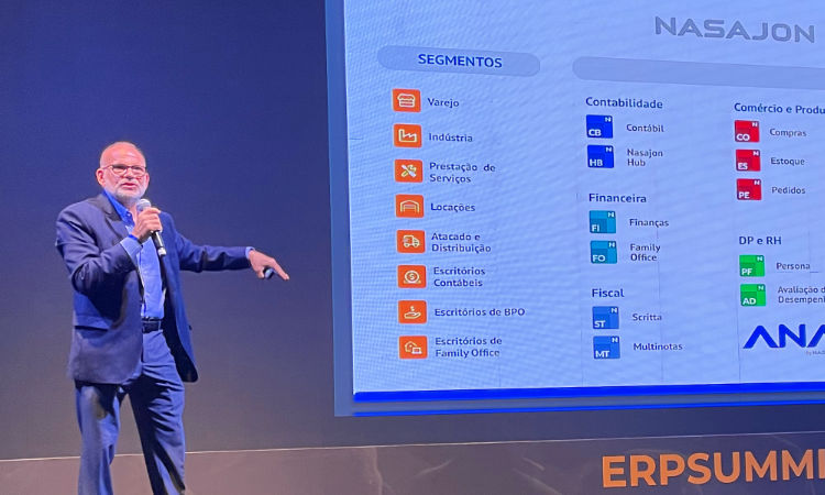 (Claudio Nasajon, CEO da Nasajon, palestrando sobre ERP Retaguarda no ERP Summit)